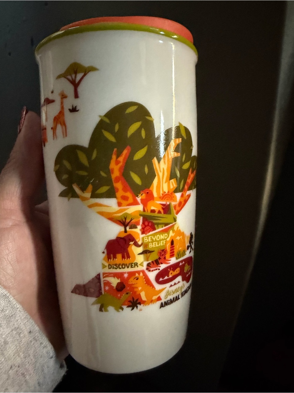 Starbucks White Ceramic Tumbler with Orange, Green & Yellow Safari Illustration